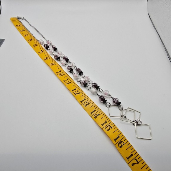 Handmade Geometric Beaded Necklace Silver Tone Square Links Boho Artsy - Picture 8 of 9